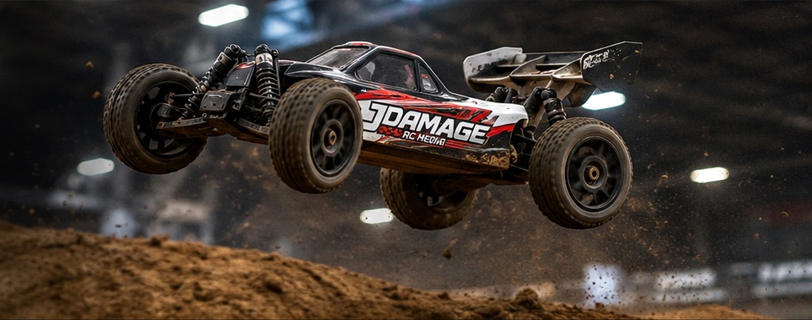 RC dirt buggy jumping over an indoor clay track