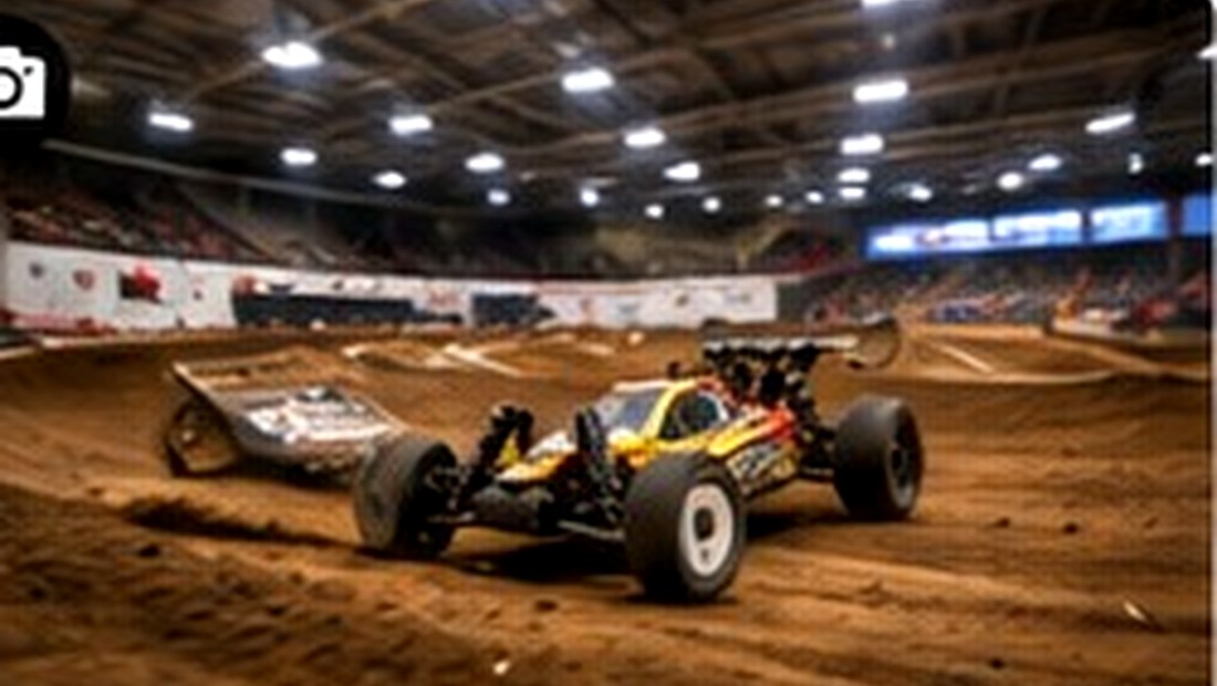 RC buggy racing on an indoor clay track