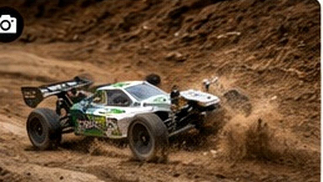 RC buggy throwing dirt while turning on an outdoor track