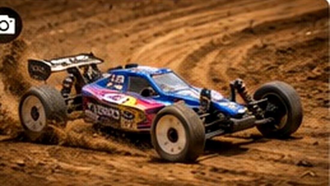 RC buggy cornering hard on an outdoor dirt track
